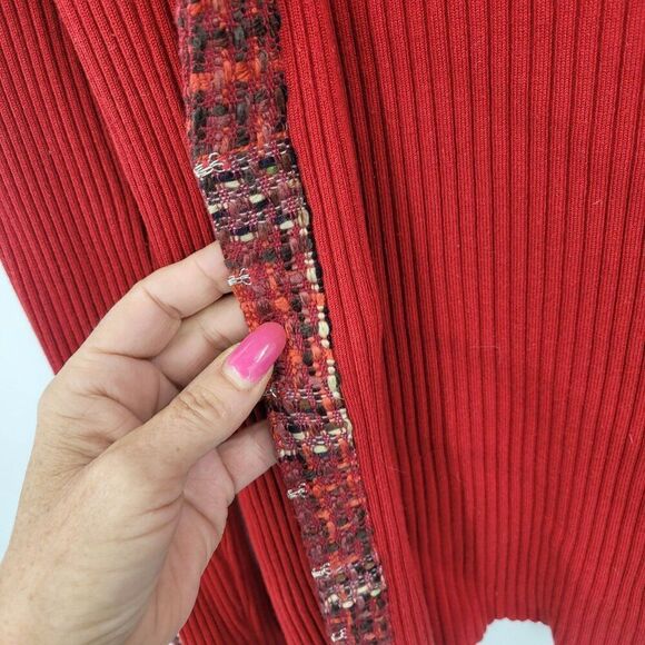 My Favorite Things Red Ribbed Silk Cardigan Jacket L Plaid Tweed Collar Cuffs - Picture 6 of 15
